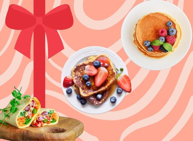 a festive collage with a breakfast burrito, a plate of French toast with fruit, and a plate of pancakes against a red background with a Christmas bow