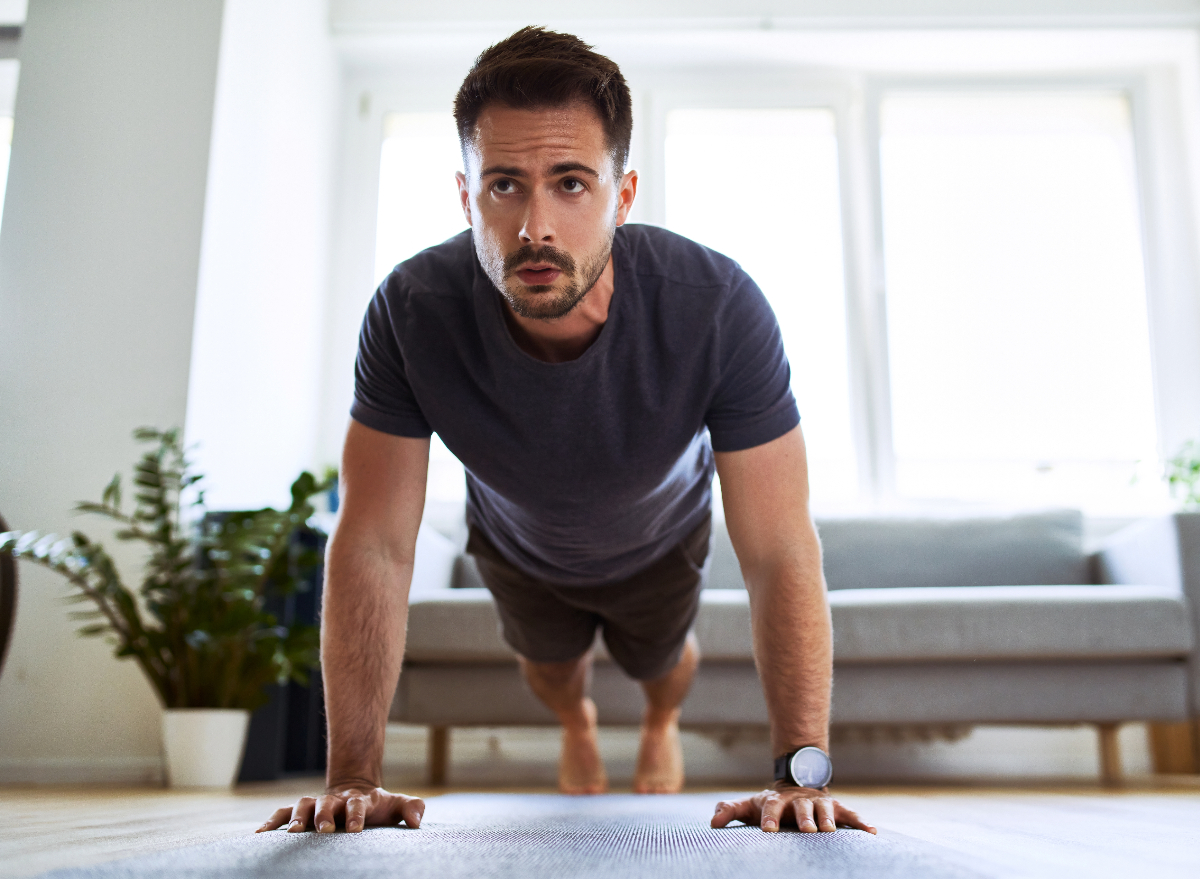 man doing pushups, concept of at-home strength exercises