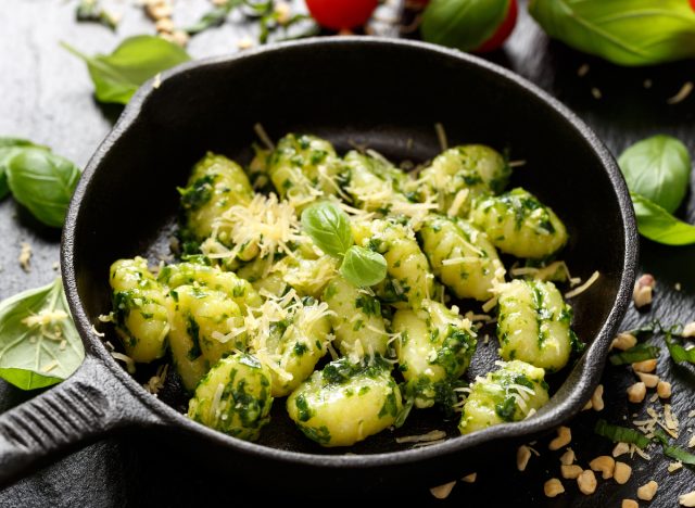 pesto gnocchi, concept of healthy weight loss dinners that are 500 calories or less