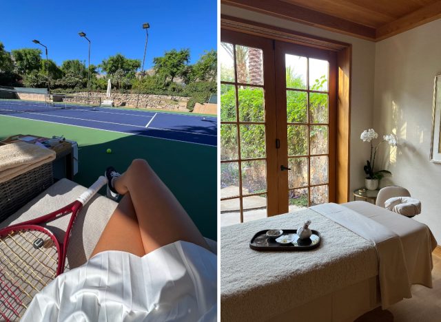 split image tennis game and spa