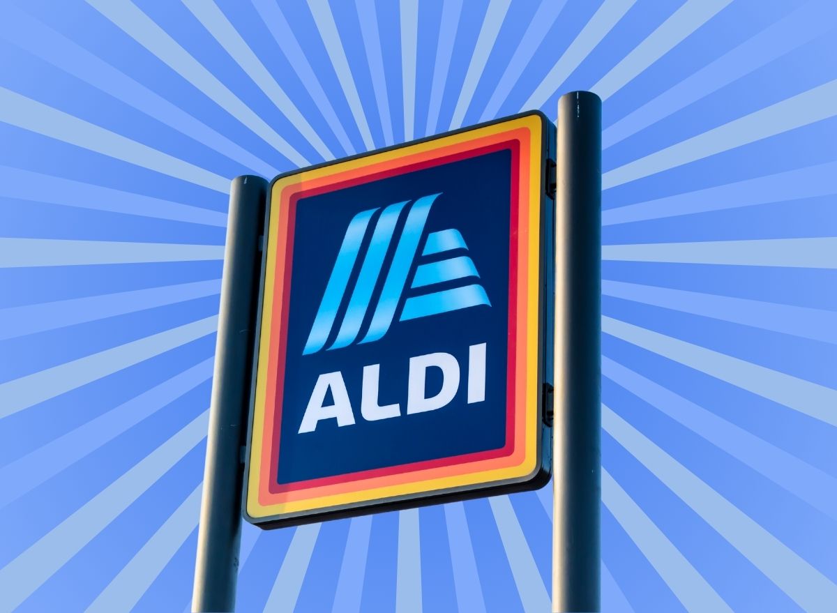 Aldi sign on striped blue background