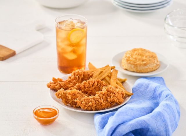 Bojangles chicken tenders, biscuits, and drink