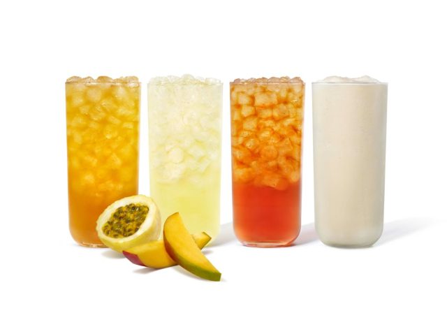 Chick-fil-A Mango Passion drinks lined up against a white background