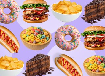 various unhealthy foods on a purple background