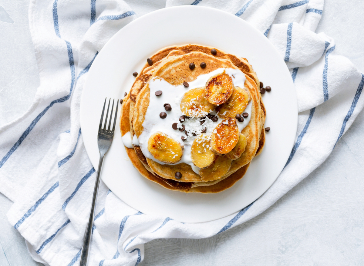 banana pancakes with Greek yogurt, concept of the eat what you want, add what you need weight loss trend