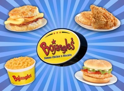 a collage of several popular Bojangles menu items surrounding a Bojangles storefront sign on a designed blue background