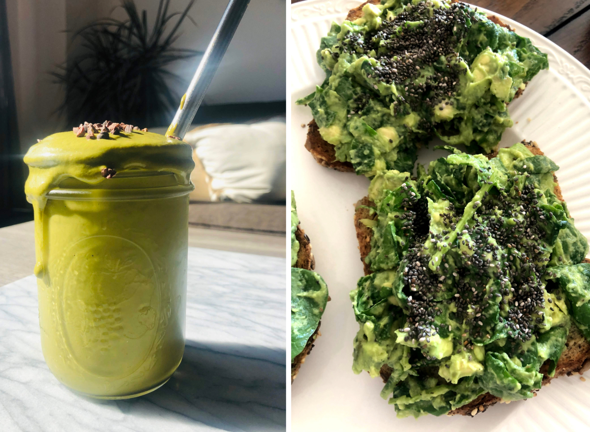 high-protein foods split image, green smoothie and avocado toast
