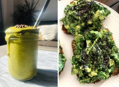 high-protein foods split image, green smoothie and avocado toast