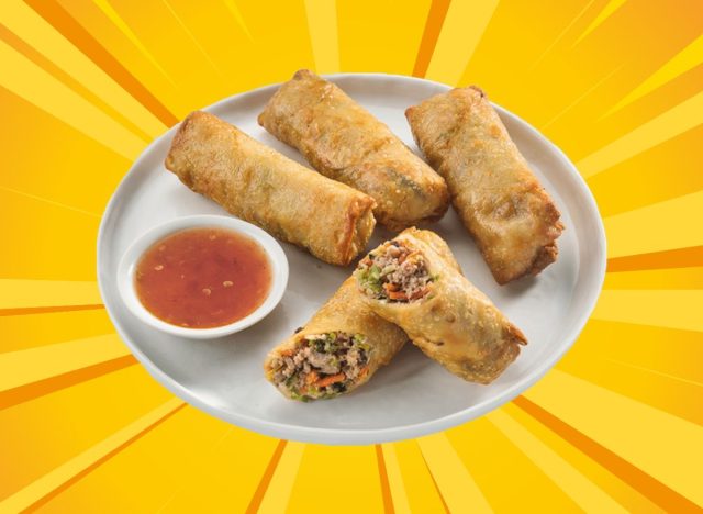 pei wei asian kitchen egg rolls on a plate against a bright designed yellow background