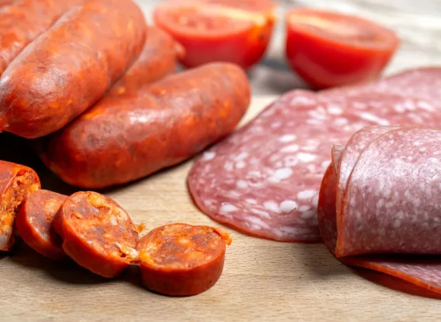 different types of processed red meat on a table