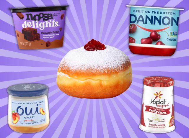 yogurts with more sugar than a jelly donut collage on purple background