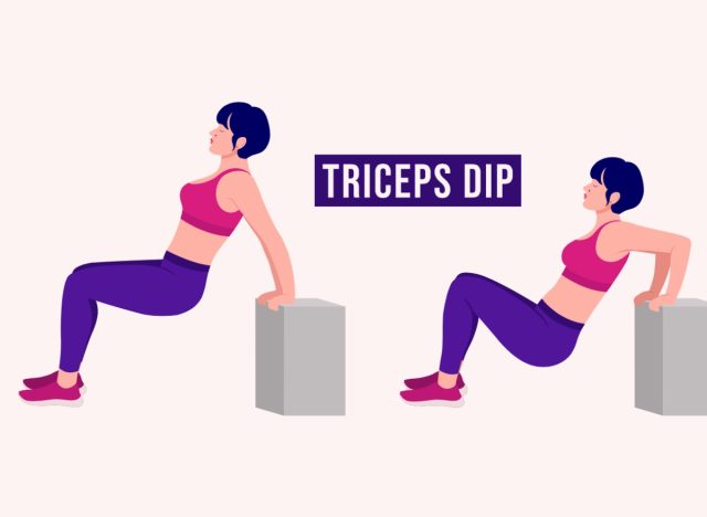 tricep dip, concept of at-home workouts to melt turkey wing arm fat