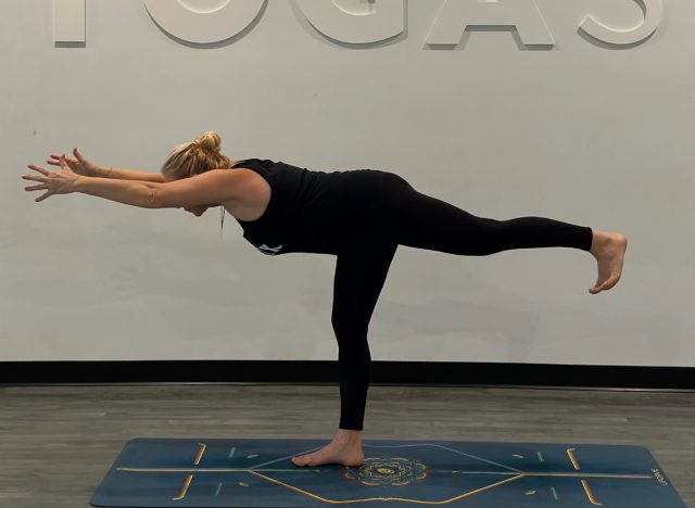 warrior III, yoga instructor demonstrating balance exercises to stay mobile
