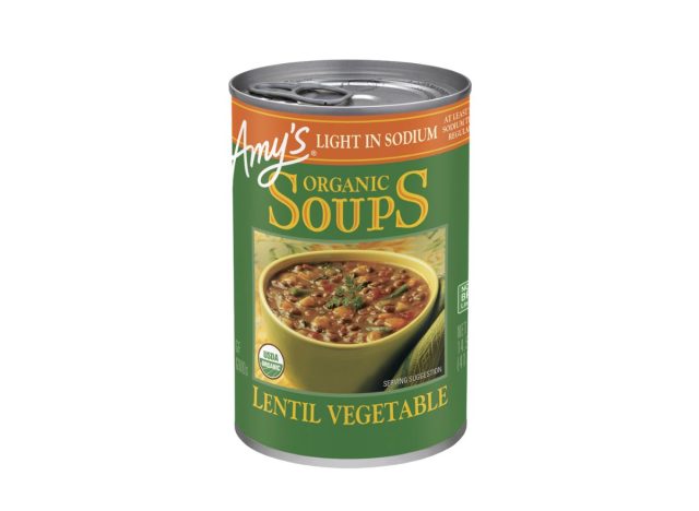 Can of Lentil Vegetable Soup from Amy's Kitchen on a white background