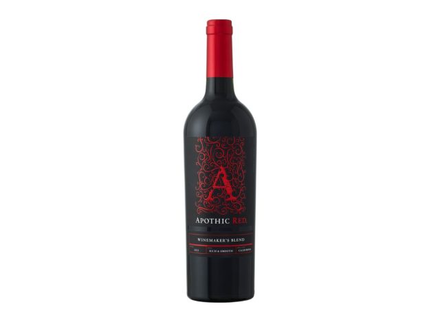 black and red bottle of wine on a white background