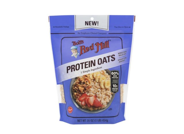 purple bag of protein oats on a white background 