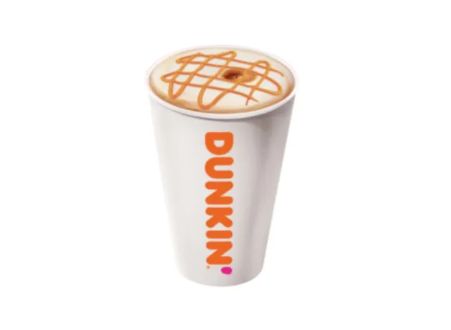 Dunkin' Macchiato with caramel drizzle on a white background