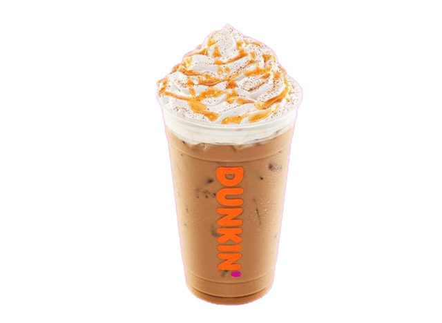 cup of dunkin' iced latte with whipped cream and caramel drizzle