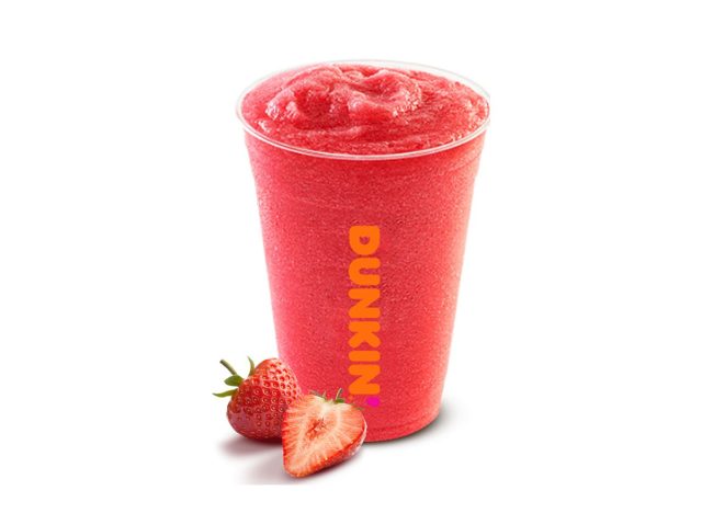 cup of Dunkin' Strawberry flavored Coolatta drink