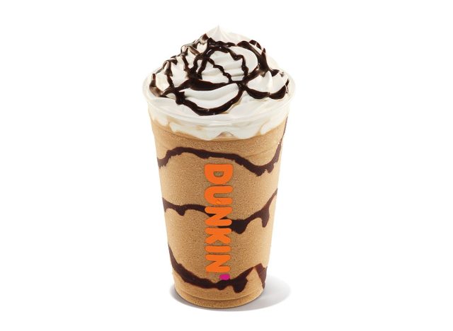Cup of frozen Dunkin' drink with chocolate swirl and drizzle
