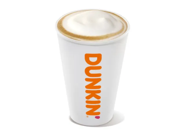 Cup of Dunkin' hot latte on a white background