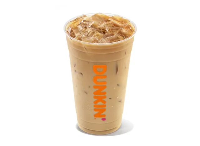 cup of Dunkin' iced coffee on white background