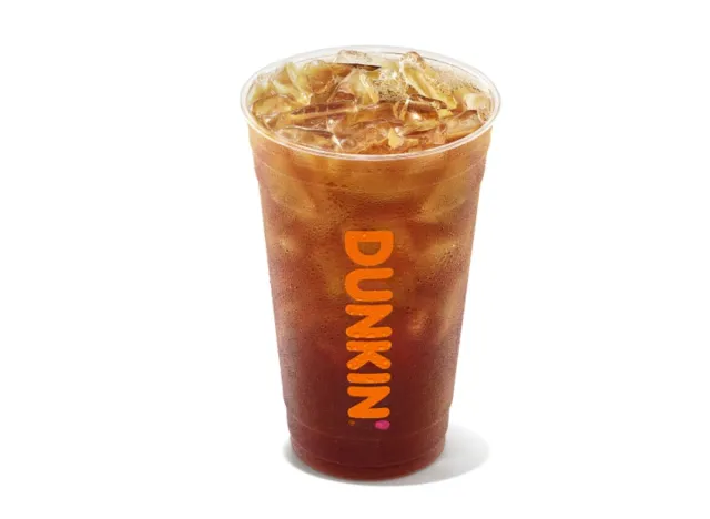 cup of Dunkin' iced tea on white background