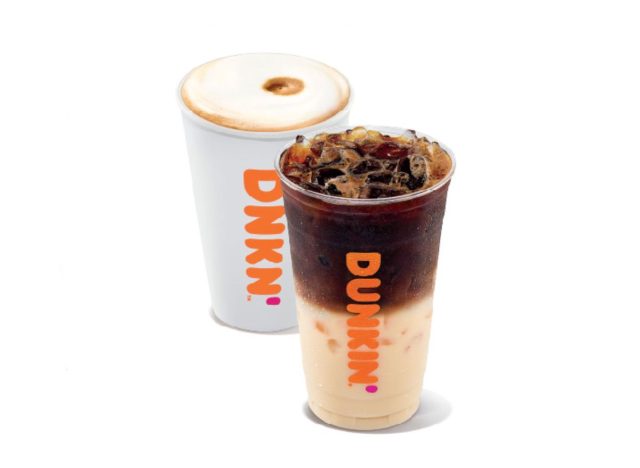 hot and iced macchiato from Dunkin' on a white background