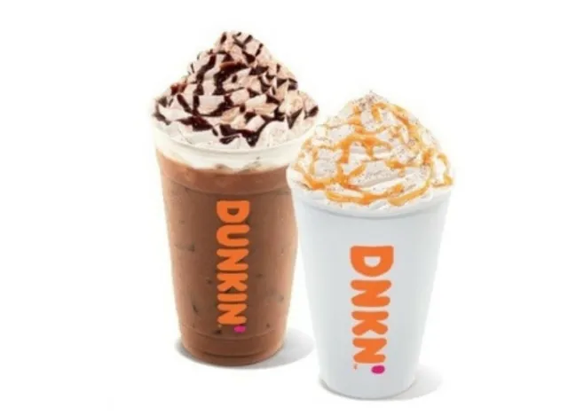 two cups of Dunkin' Signature Lattes on a white background