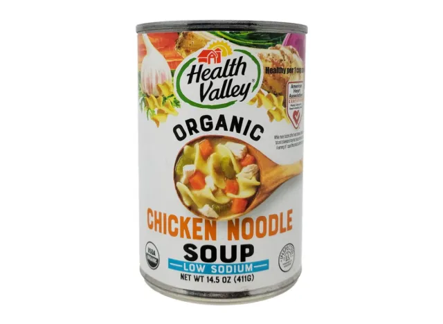 can of chicken noodle soup from Health Valley on a white background