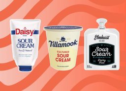 three sour cream brands on a designed red background
