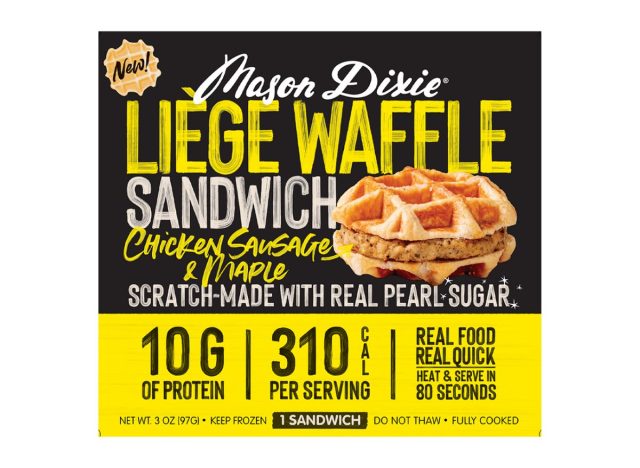box of waffle breakfast sandwiches on a white background