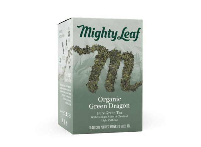 box of Mighty Leaf green tea on a white background