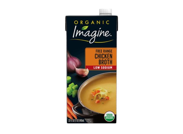 Black box of Imagine Chicken Broth on a white background