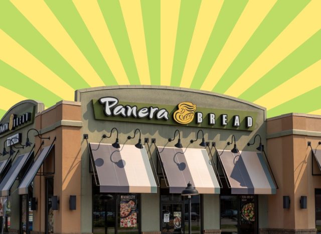 a photo of a Panera Bread storefront on a designed green and yellow striped background
