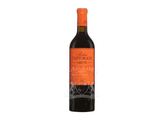 bottle of wine with orange label on a white background 