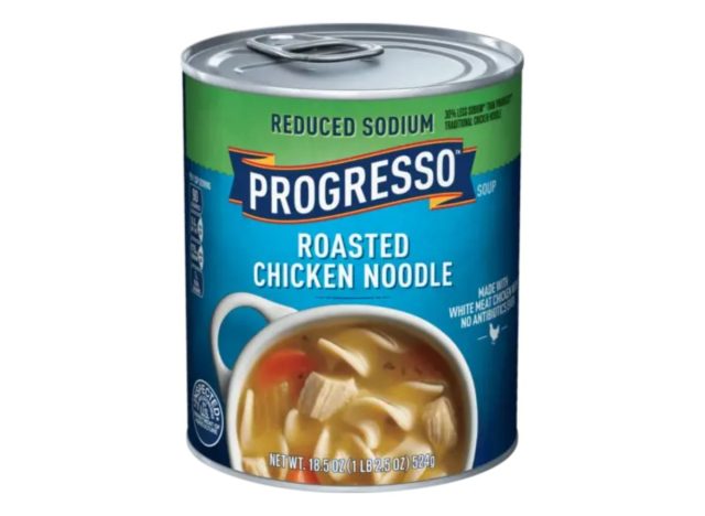 can of Progresso chicken noodle soup on a white background