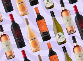 different wine bottle brands on a purple background