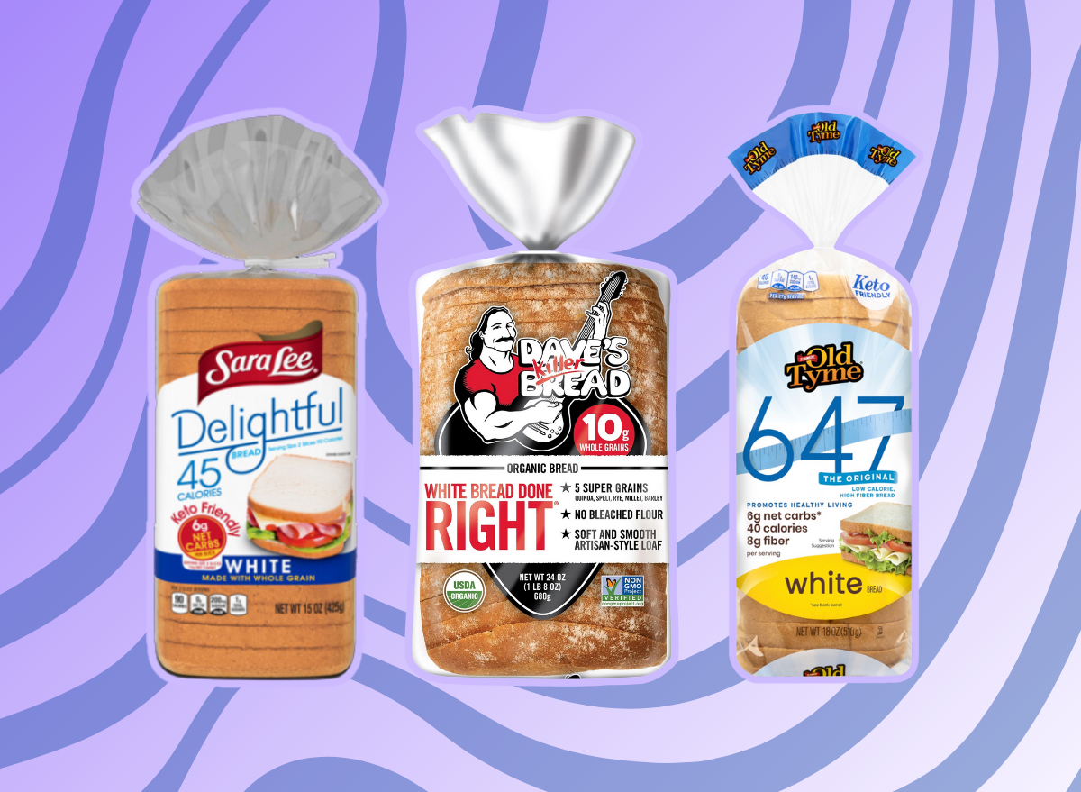 an image of healthy white breads like sara lee, dave's killer bread, and old tyme bread on a colorful background