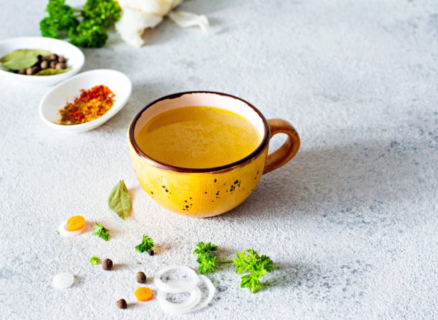bone broth in cup, concept of drinking bone broth for weight loss