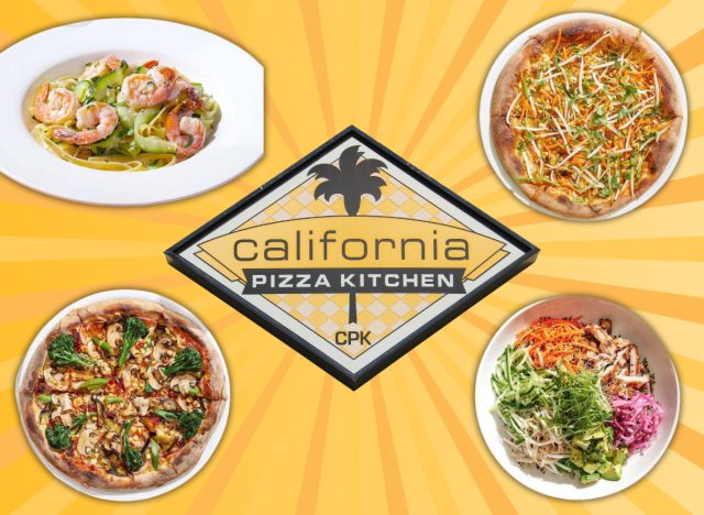 a collage of california pizza kitchen menu items on a bright background