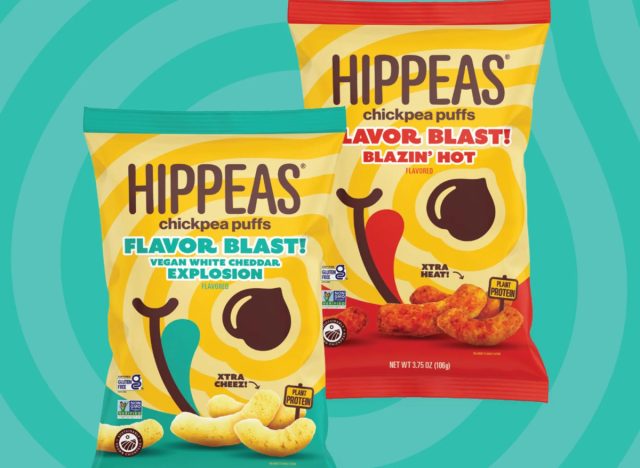 hippeas vegan white cheddar explosion and blazin' hot flavor blast chickpea puffs