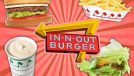 an In-N-Out Burger sign surrounded by healthy menu items like a burger shake and fries on a designed background