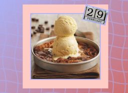 an ice cream dish from BJ's restaurant and brewhouse on a designed background with a calendar displaying Leap Day