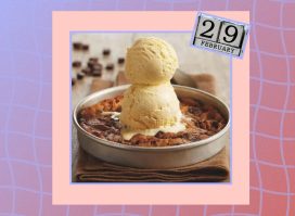 an ice cream dish from BJ's restaurant and brewhouse on a designed background with a calendar displaying Leap Day