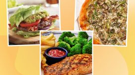 a collage of low sodium restaurant meals on a designed background