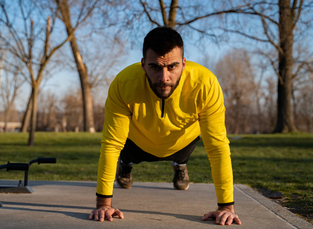 man doing pushups. concept of no-equipment workout for upper-body strength