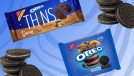 a collage of oreo dirt cake and tiramisu thins packages on a blue designed background with stacks of oreos