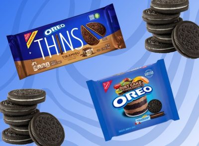 a collage of oreo dirt cake and tiramisu thins packages on a blue designed background with stacks of oreos