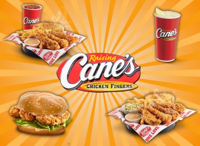 a collage of raising canes menu items and a raising canes restaurant sign on a colorful background